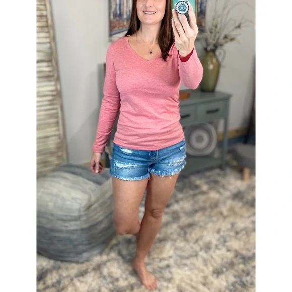 ❤️🔥V-Neck Long Sleeve Basic Slimming Top Marbled Red 1222 - Picture 2 of 12